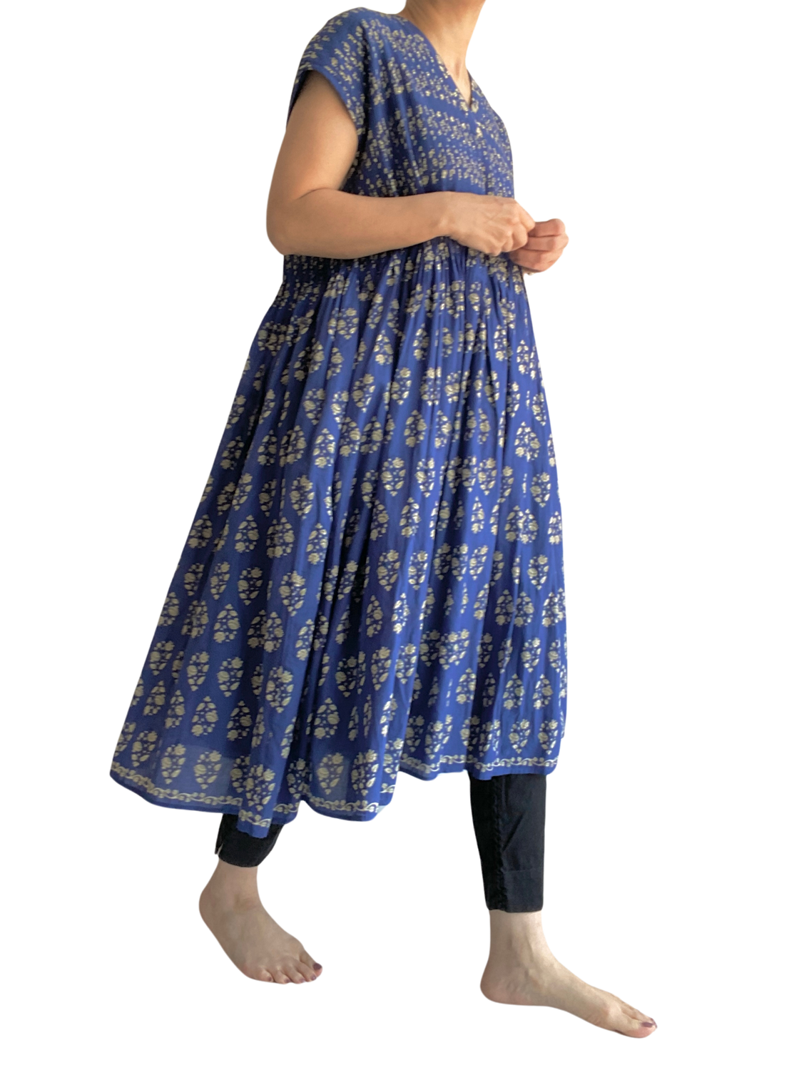 V-NECK FRENCH/SL PULLOVER DRESS WITH MINI PINTUCK Blue
