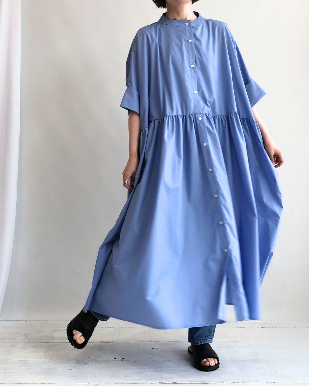 【sale】WIDE DESIGN DRESS 'MIIA' Saxe