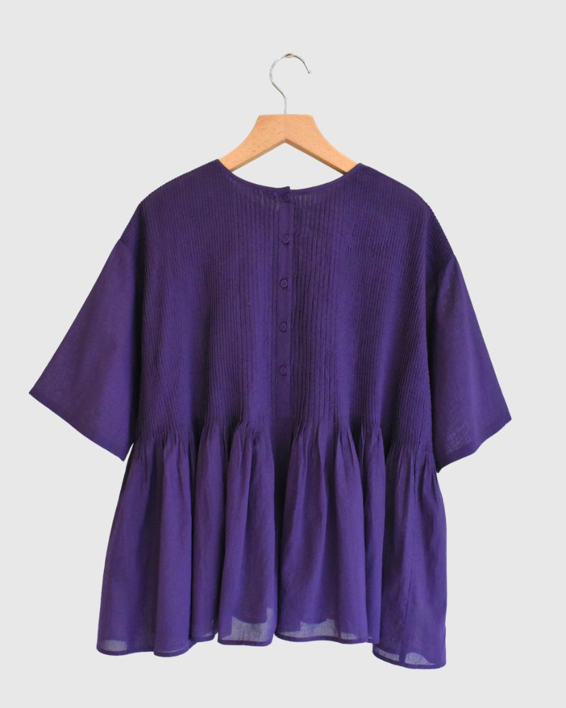 CREW-NECK PULLOVER HALF/SLEEVE SHIRT WITH MINI PINTUCK Purple