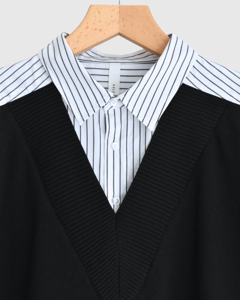 ニットベスト重ね着風ストライプシャツワンピース 'APOLU' OffWhite