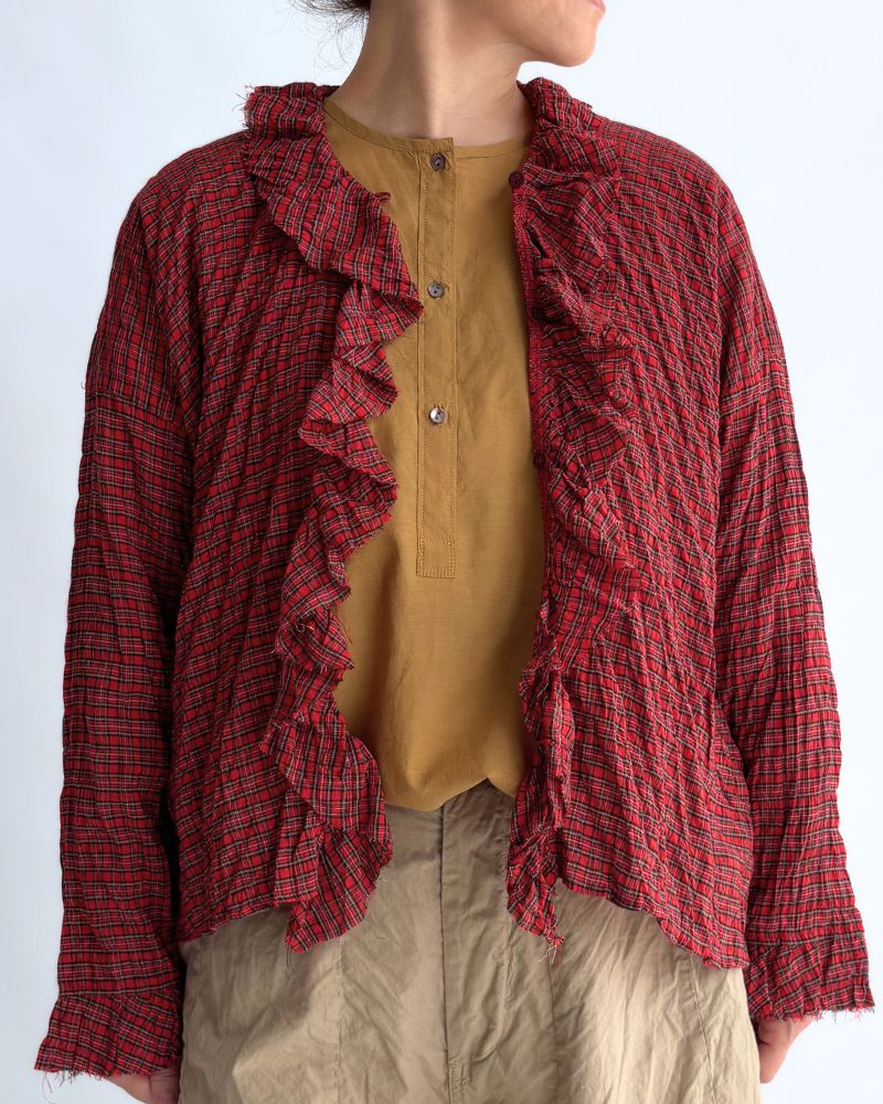 チェックフリルトリムブラウス AkaCheck