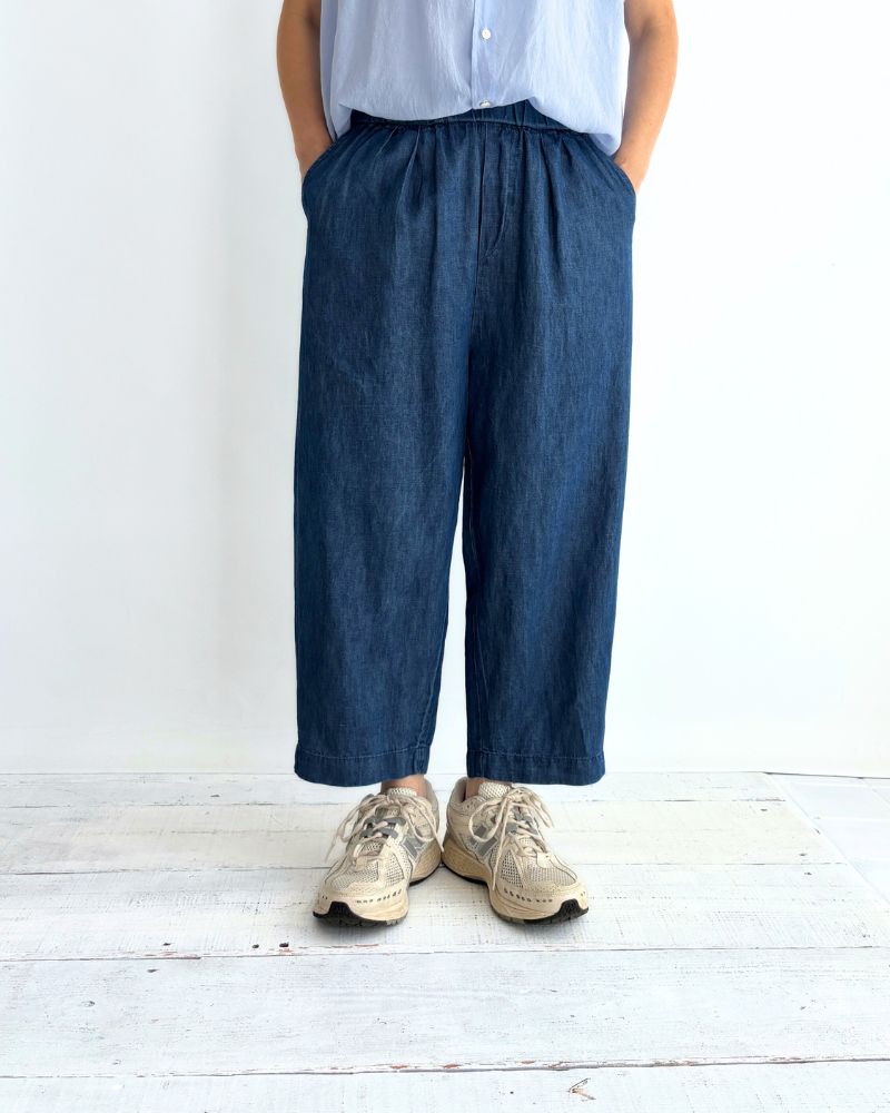 COTTON/LINEN DENIM 2TUCK TAPERED EASY PANTS Blue