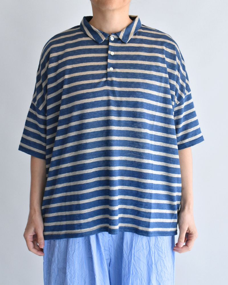 リネン天竺 ボーダーポロシャツ BlueNatural