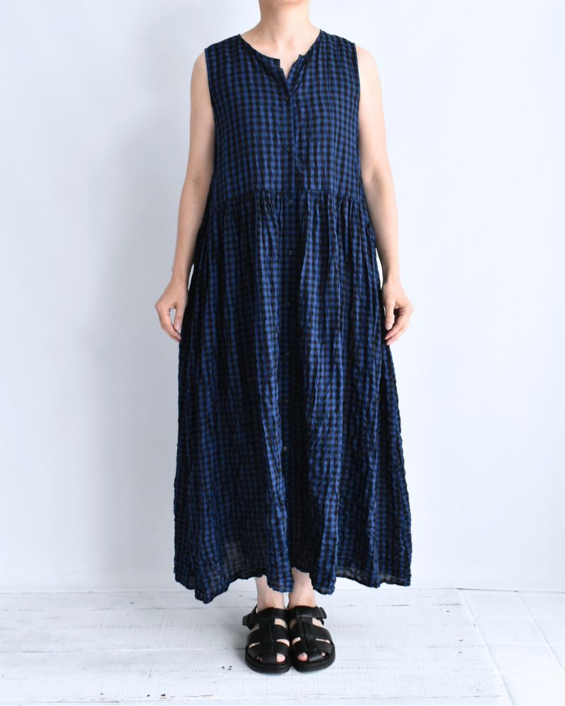 ブロックチェック スリーブレスギャザーワンピース Navy