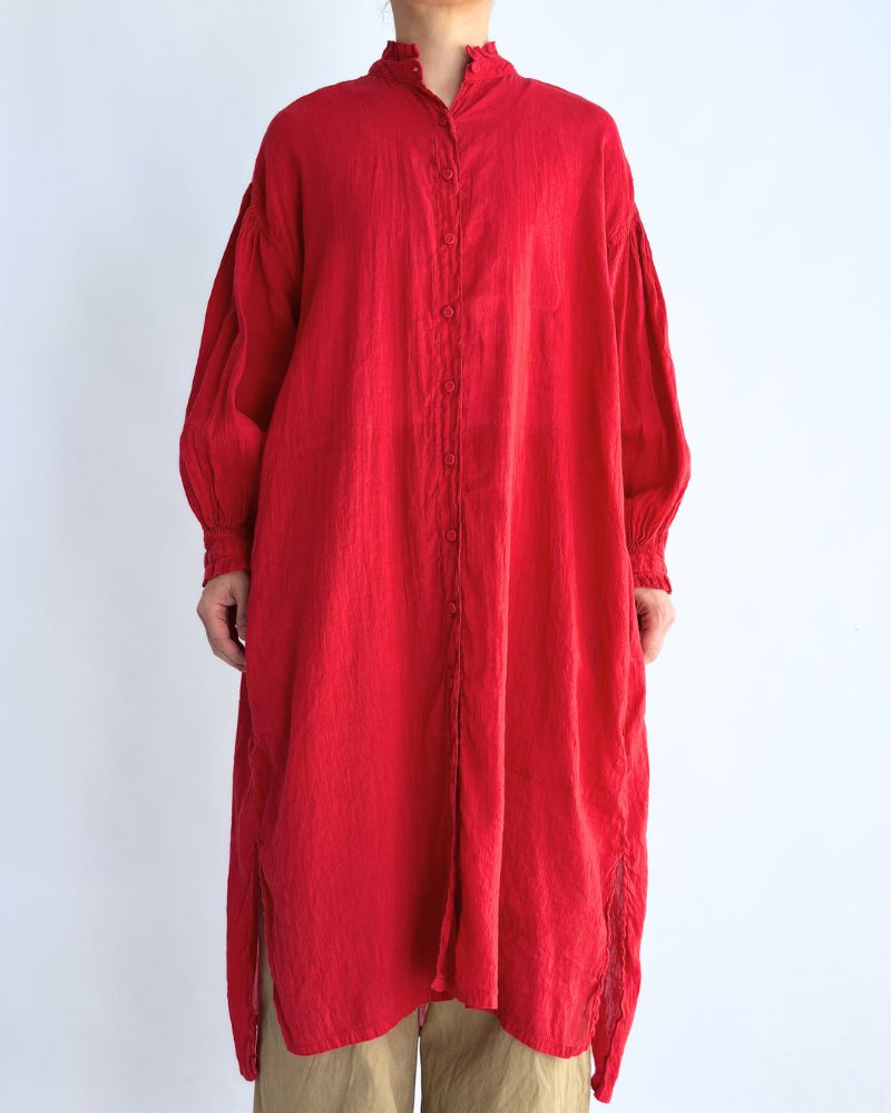 FRILL COLLAR MAXI SHIRT DRESS WITH MINI PINTUCK Red