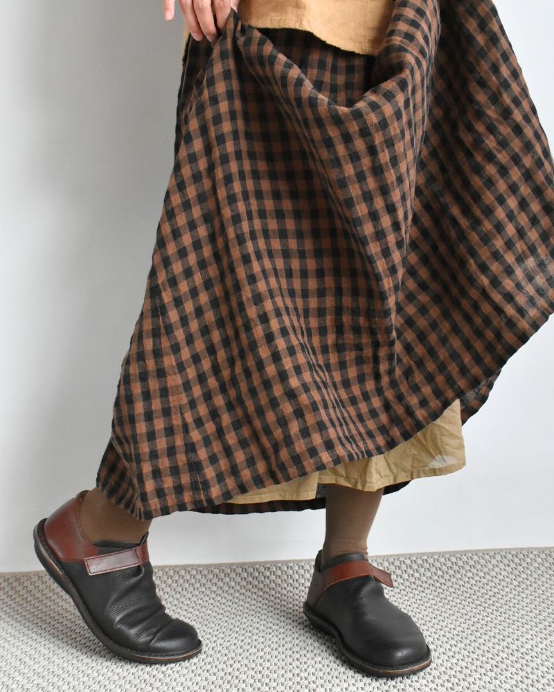 LINEN GINGHAM CHECK SKIRT Brown