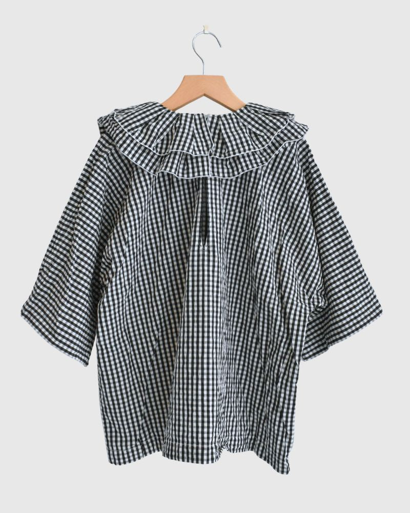 タックフリルプルオーバー Black/Ecru Check