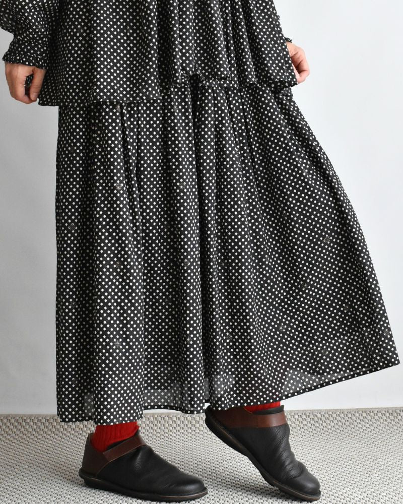 80s COTTON SMALL SQUARE BLOCK PRINT GATHERED SKIRT Navy