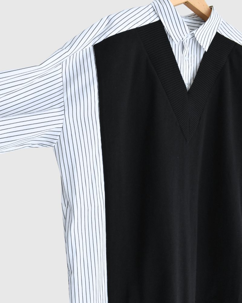 ニットベスト重ね着風ストライプシャツワンピース 'APOLU' OffWhite