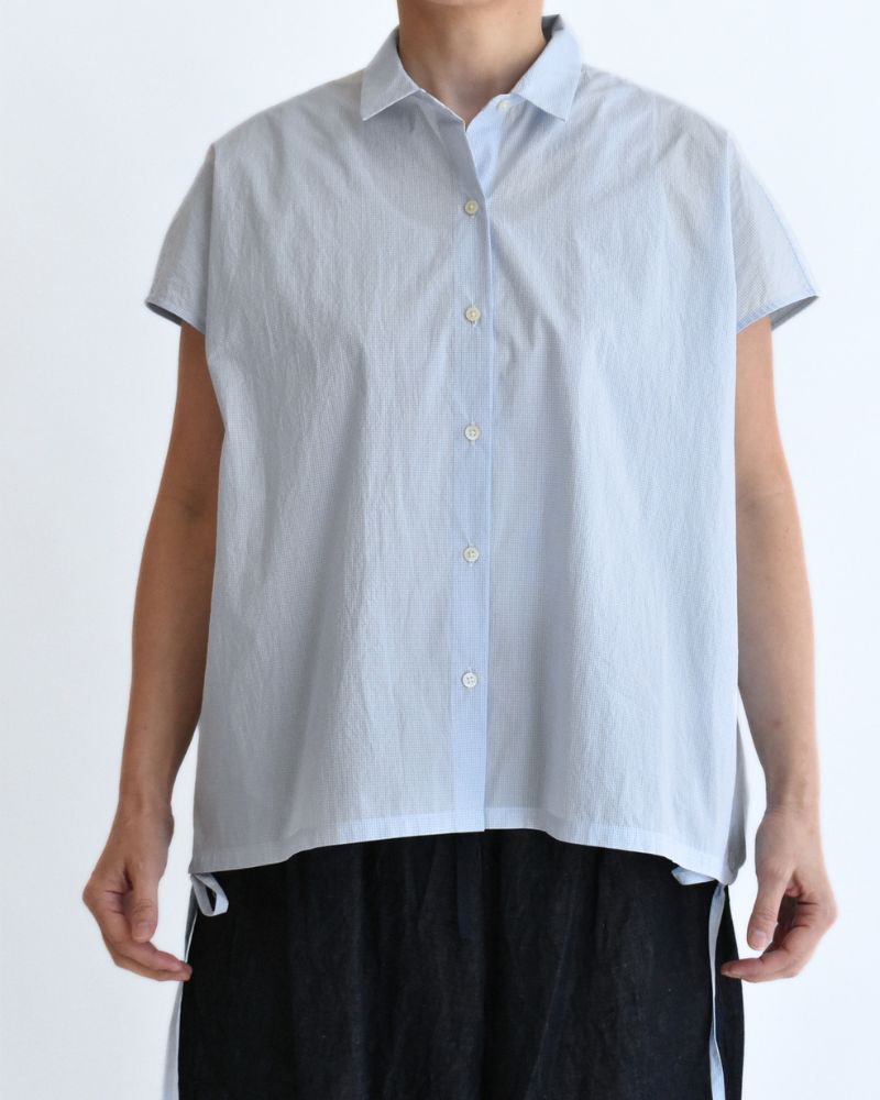 TENDER-W バックギャザーフレンチスリーブブラウス SaxCheck