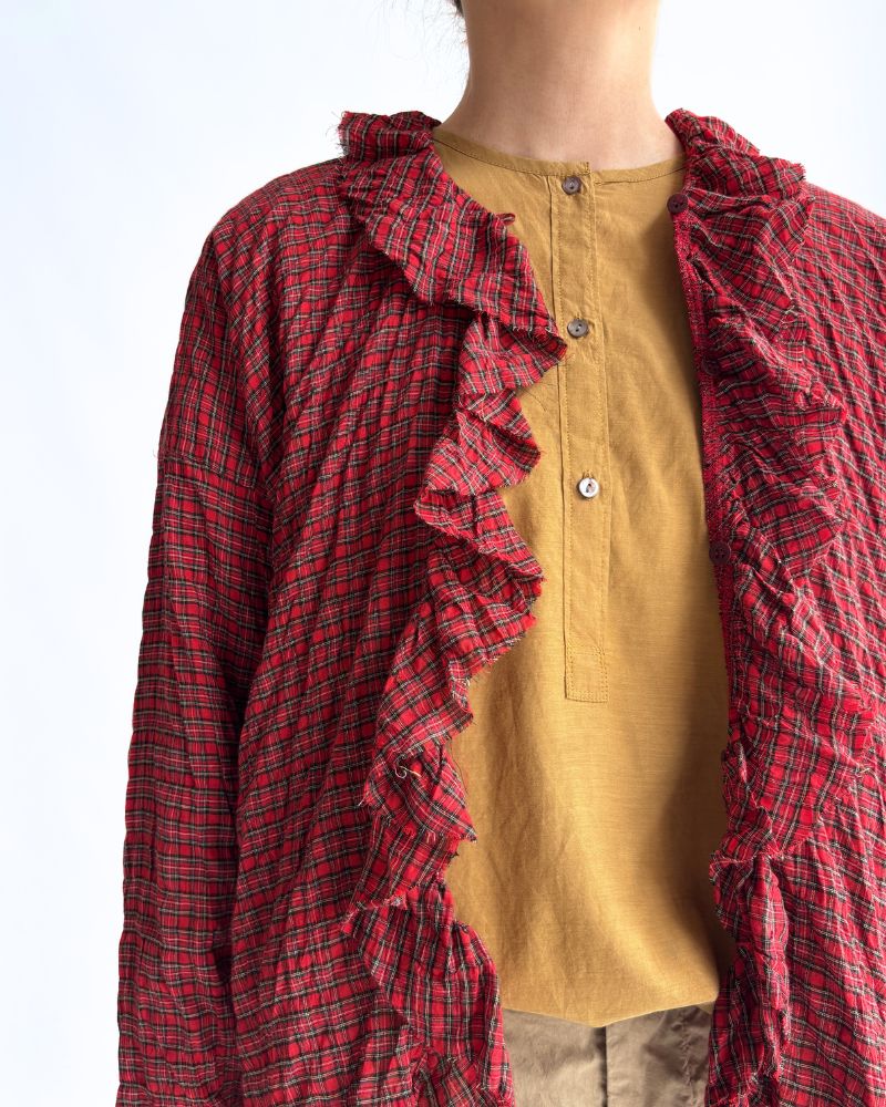 チェックフリルトリムブラウス AkaCheck