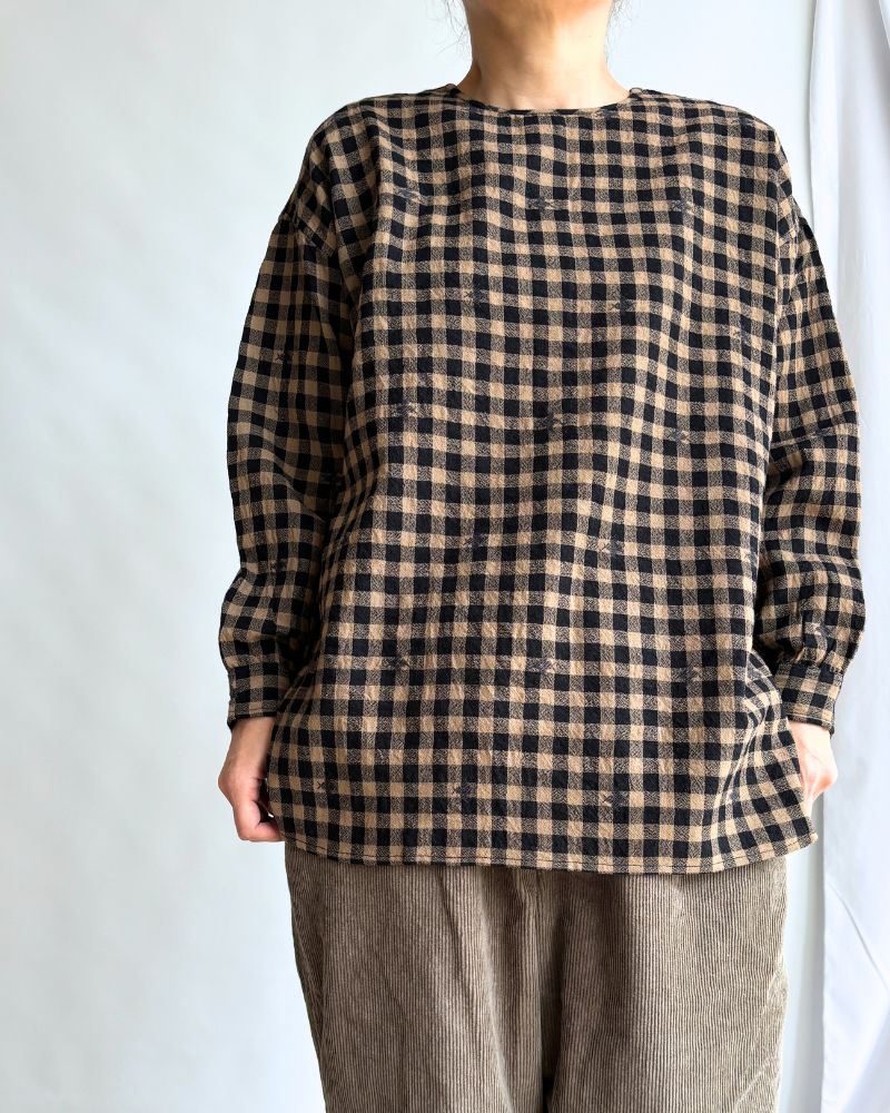 WOOL GINGHAM CHECK WITH JACQUARD BACK OPENING CREW NECK SHIRT Camel