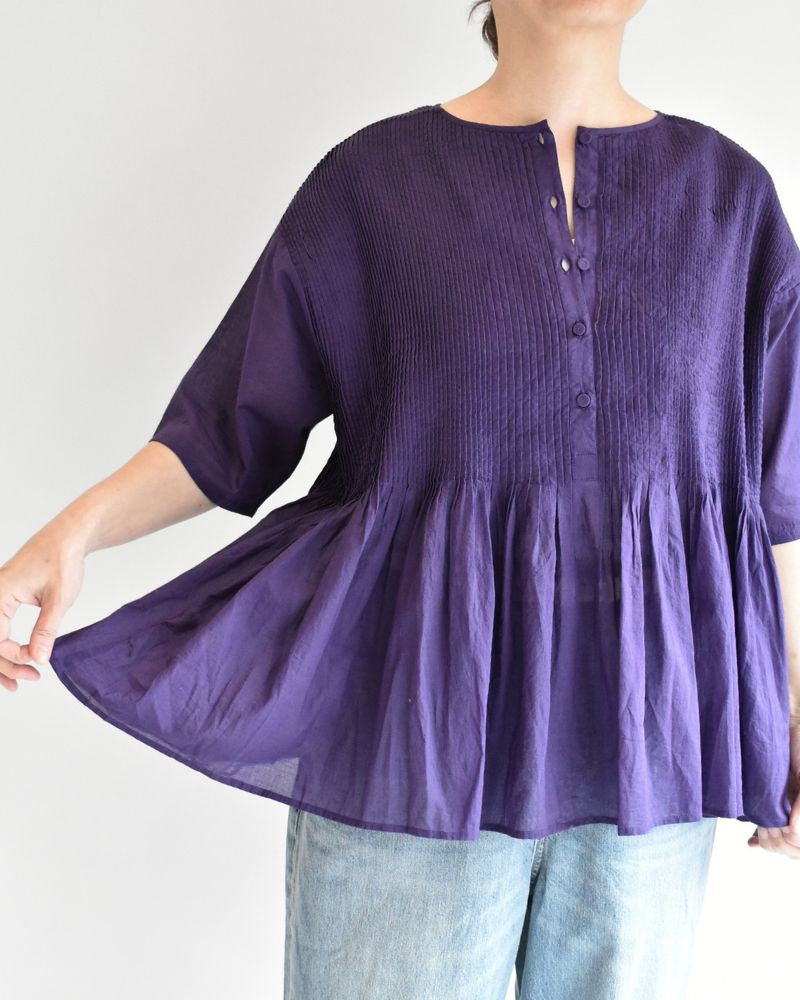 CREW-NECK PULLOVER HALF/SLEEVE SHIRT WITH MINI PINTUCK Purple