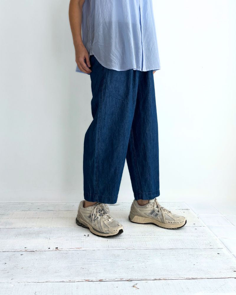 COTTON/LINEN DENIM 2TUCK TAPERED EASY PANTS Blue