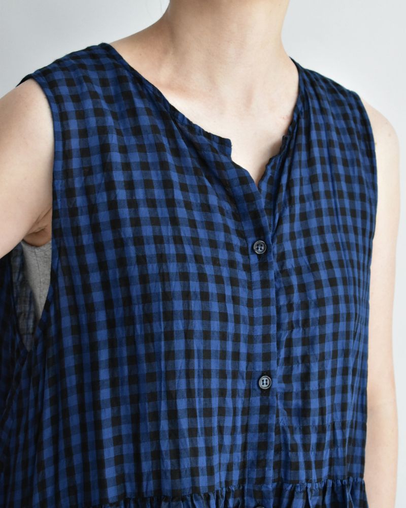 ブロックチェック スリーブレスギャザーワンピース Navy