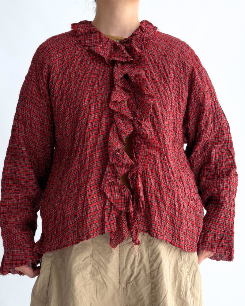 チェックフリルトリムブラウス AkaCheck