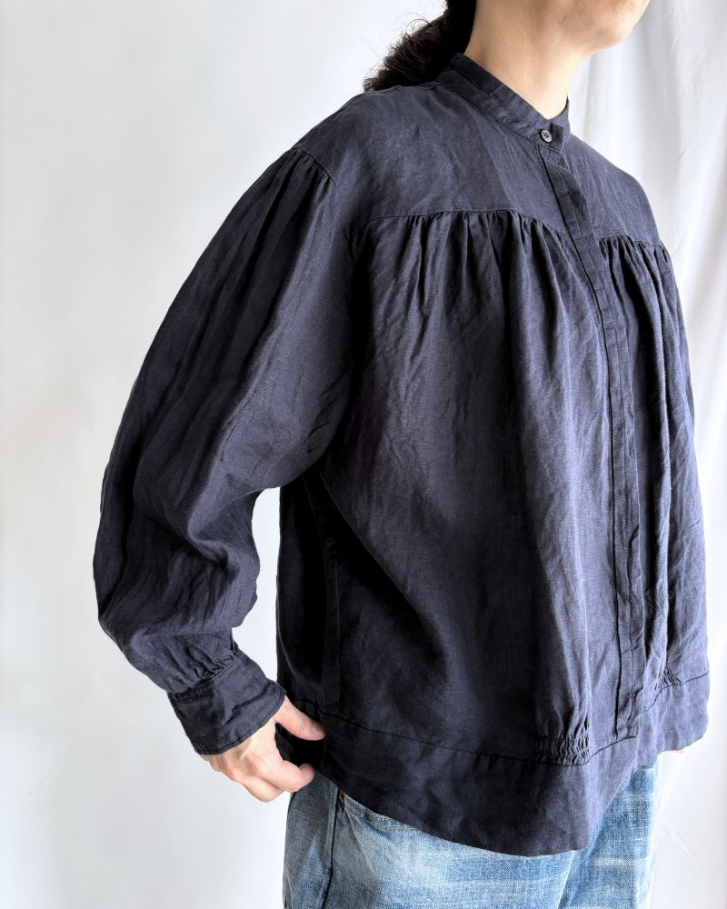 Linen Gather Shirt Navy