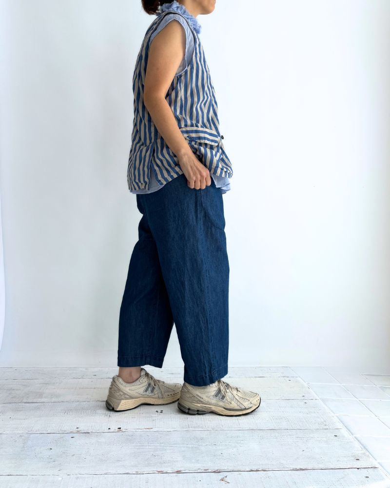 COTTON/LINEN DENIM 2TUCK TAPERED EASY PANTS Blue