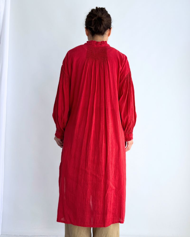 FRILL COLLAR MAXI SHIRT DRESS WITH MINI PINTUCK Red