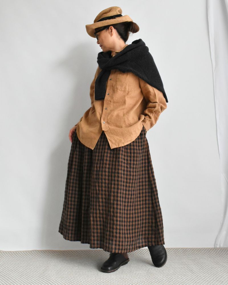 LINEN GINGHAM CHECK SKIRT Brown