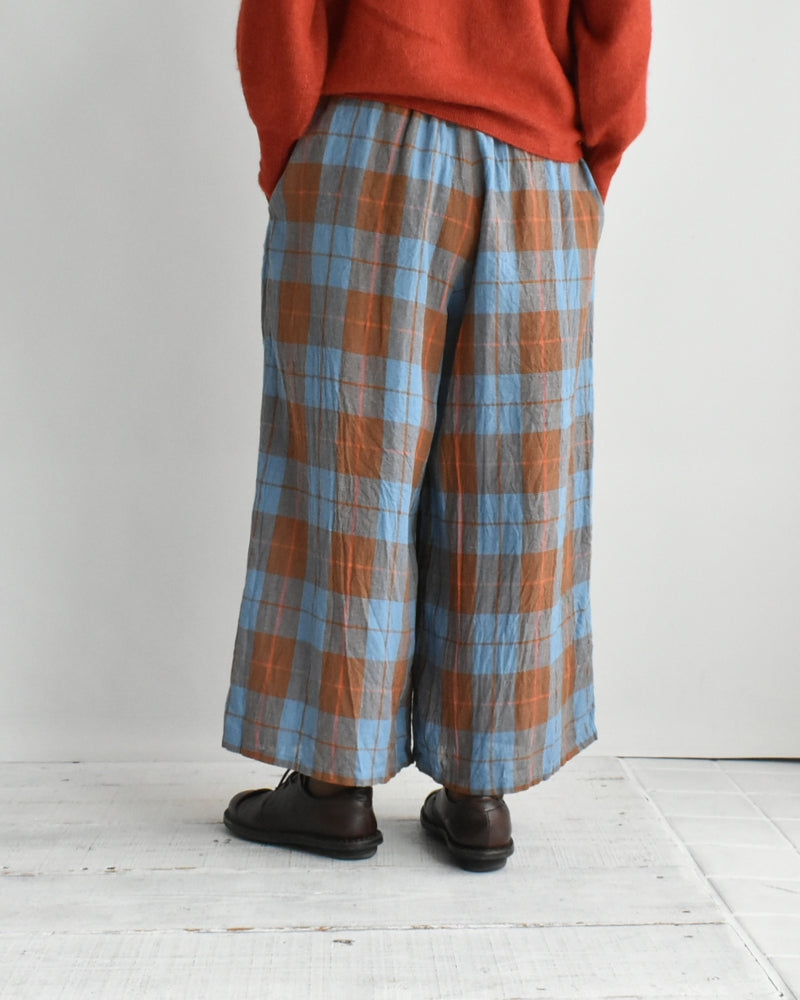 リネンコットン チェックパンツ Blue