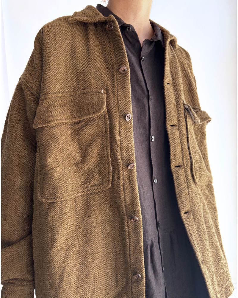 手織りコットンヘリンボーン ジャケット KhakiBrown
