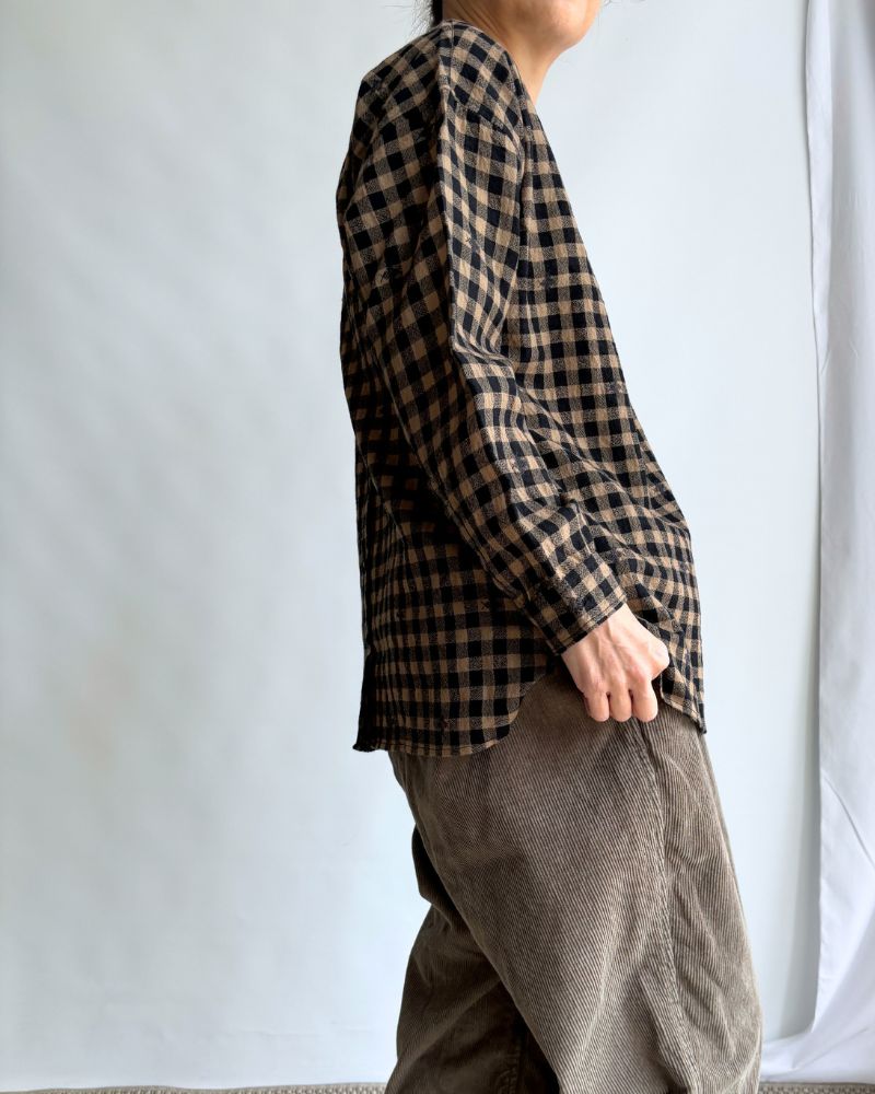 WOOL GINGHAM CHECK WITH JACQUARD BACK OPENING CREW NECK SHIRT Camel