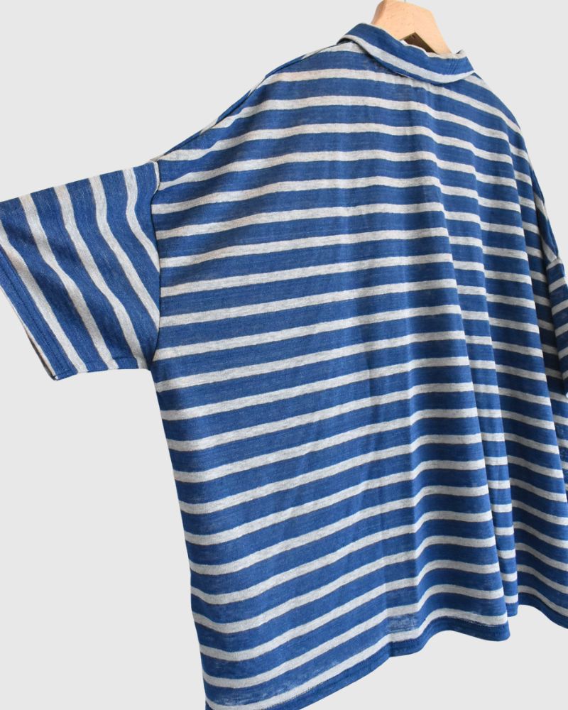 リネン天竺 ボーダーポロシャツ BlueNatural