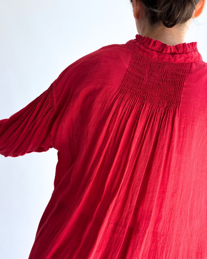 FRILL COLLAR MAXI SHIRT DRESS WITH MINI PINTUCK Red