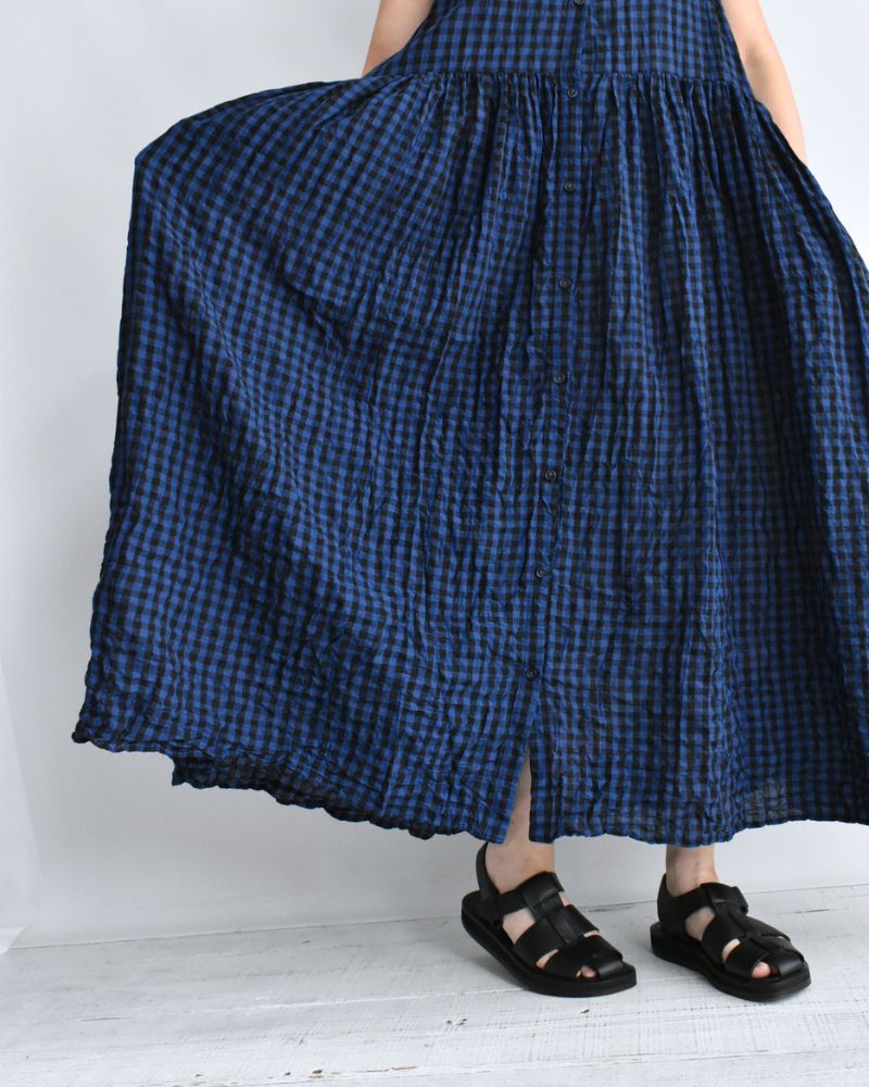 ブロックチェック スリーブレスギャザーワンピース Navy
