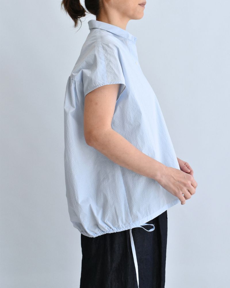 TENDER-W バックギャザーフレンチスリーブブラウス SaxCheck