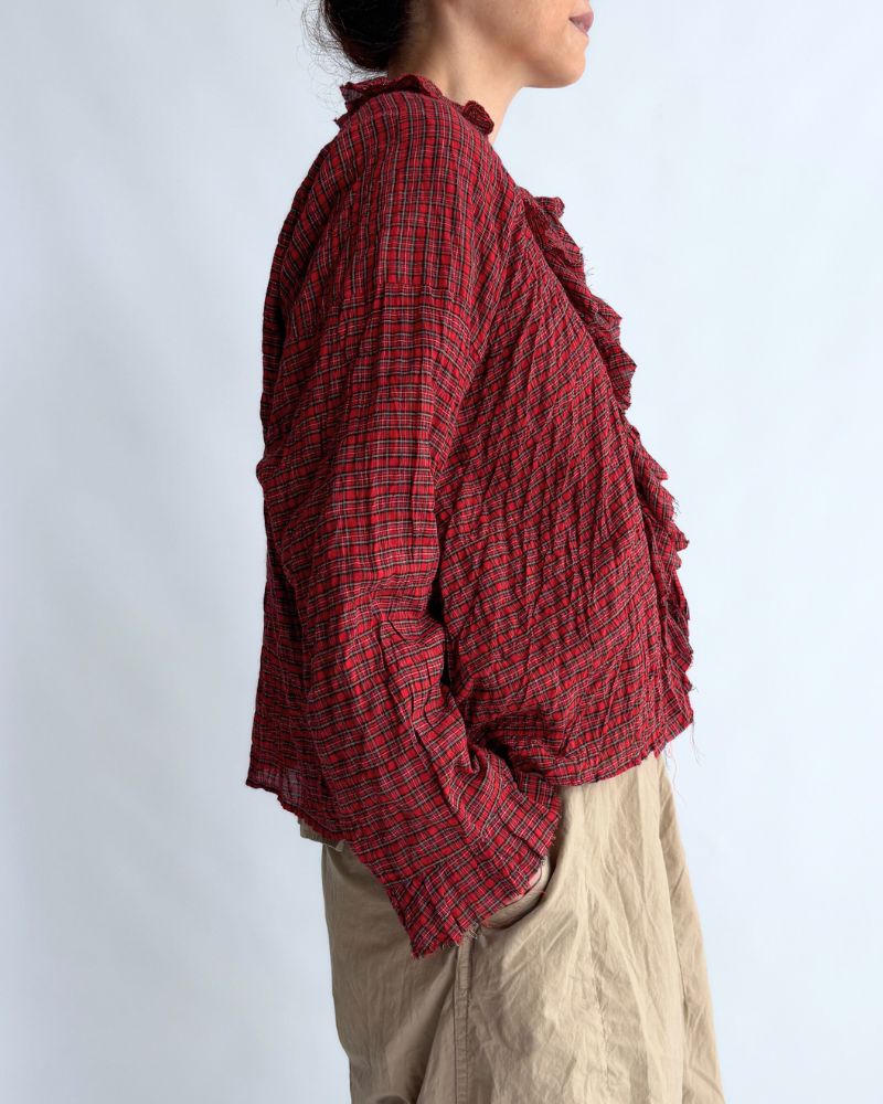 チェックフリルトリムブラウス AkaCheck