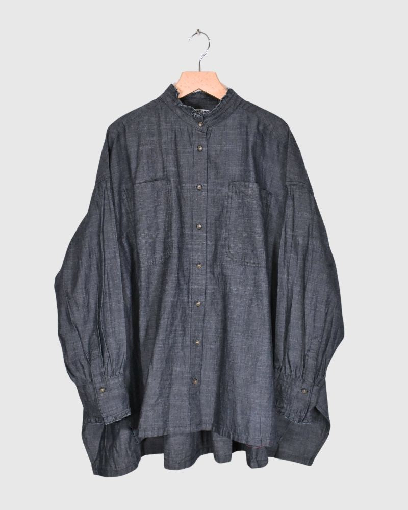 5ozコットンリネンスラブデニム ロングシャツ Indigo