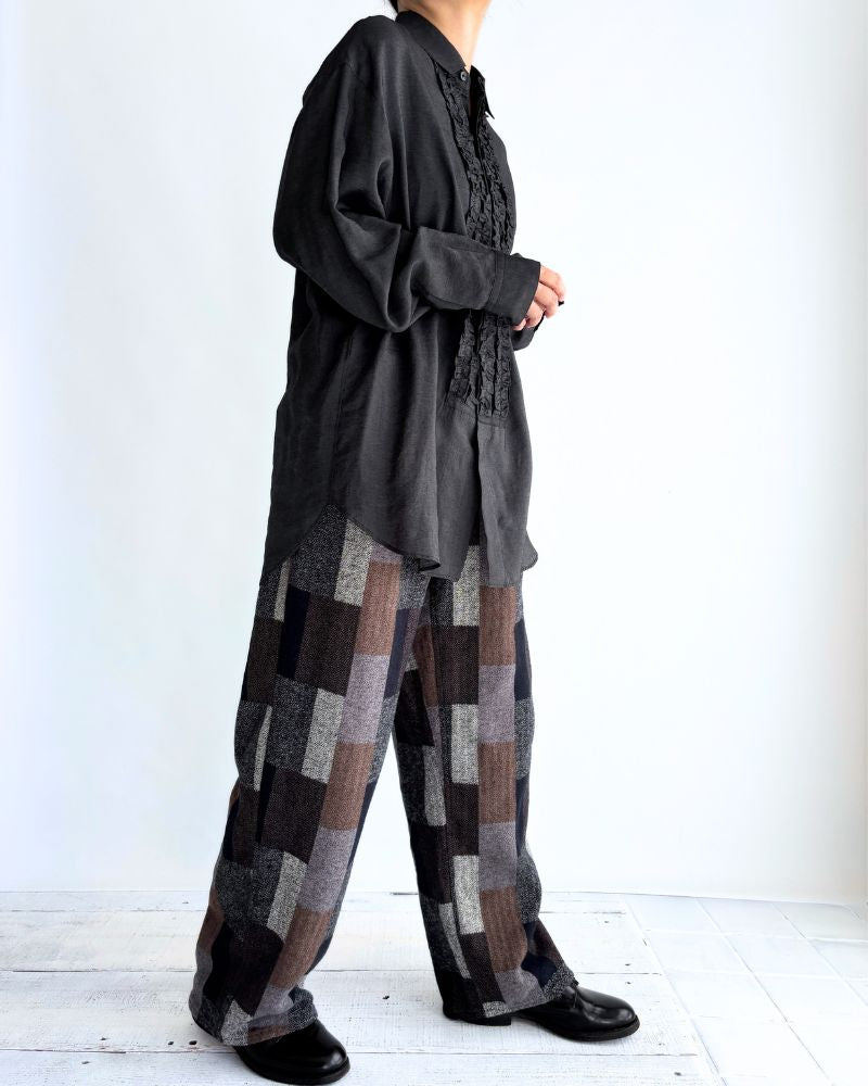 パッチワーク起毛チェックパンツ Gray