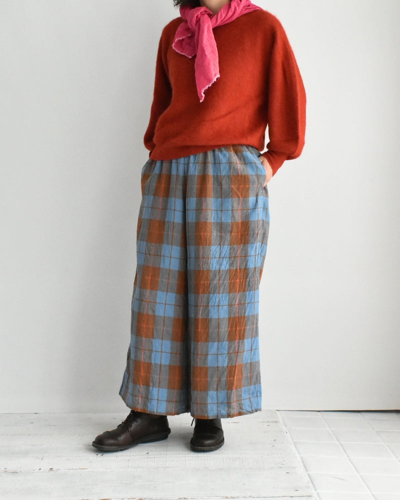 リネンコットン チェックパンツ Blue