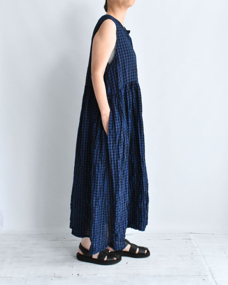 ブロックチェック スリーブレスギャザーワンピース Navy