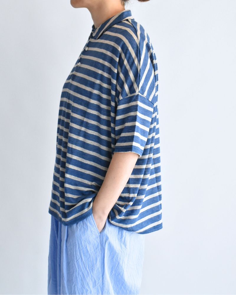 リネン天竺 ボーダーポロシャツ BlueNatural
