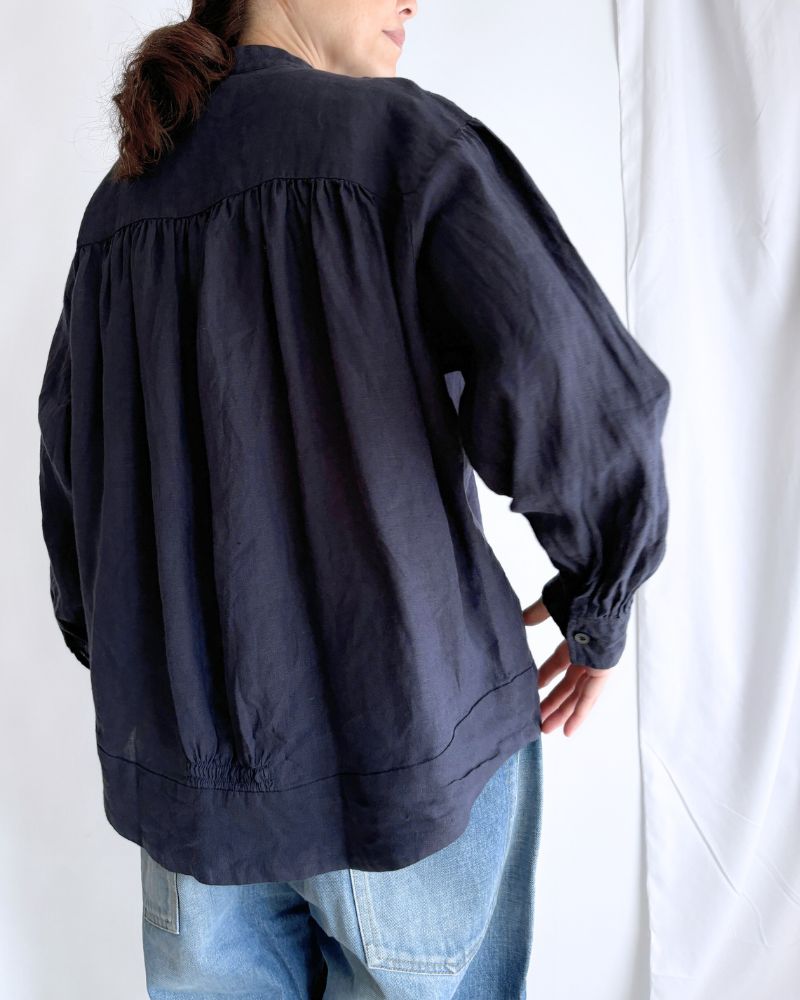 Linen Gather Shirt Navy