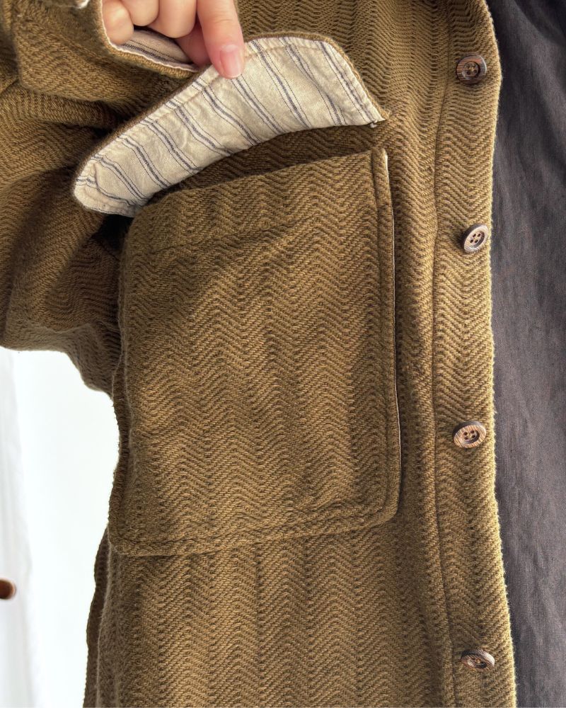 手織りコットンヘリンボーン ジャケット KhakiBrown