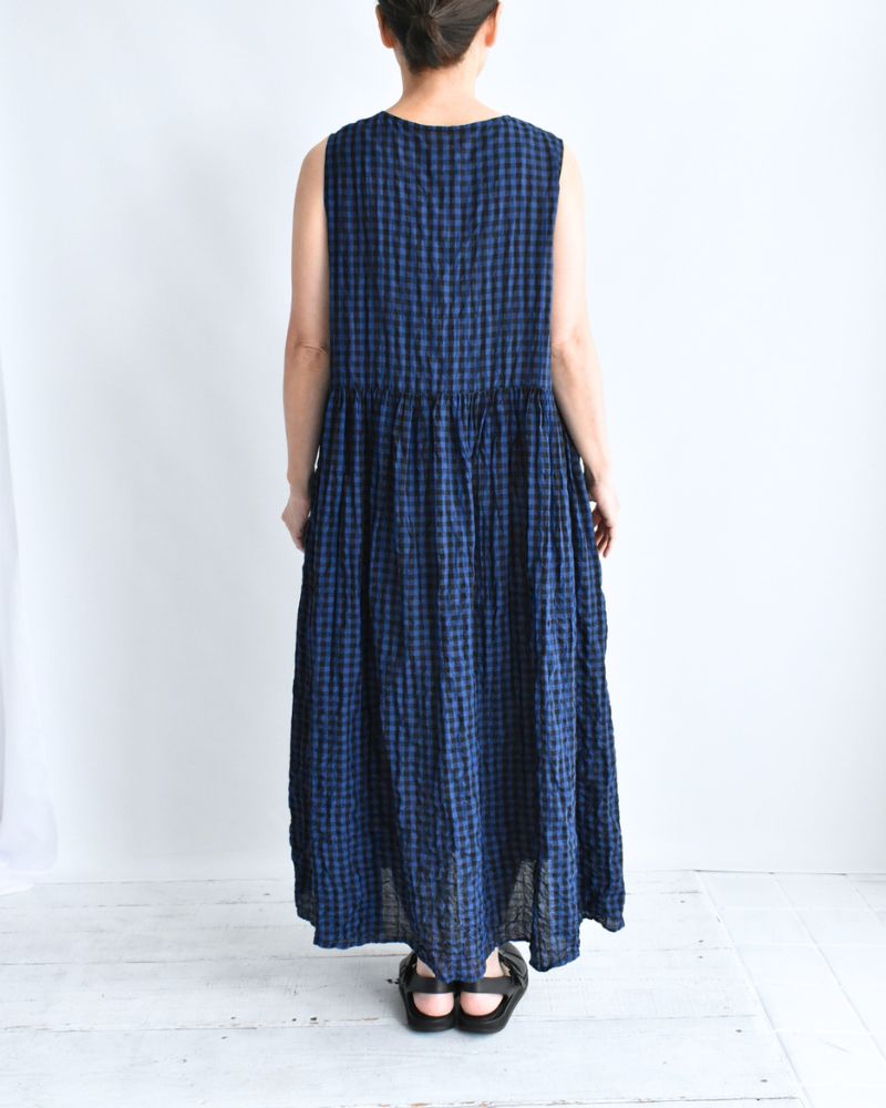 ブロックチェック スリーブレスギャザーワンピース Navy