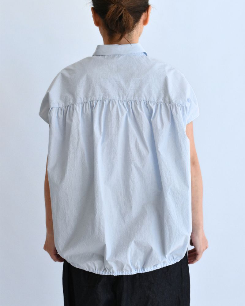 TENDER-W バックギャザーフレンチスリーブブラウス SaxCheck