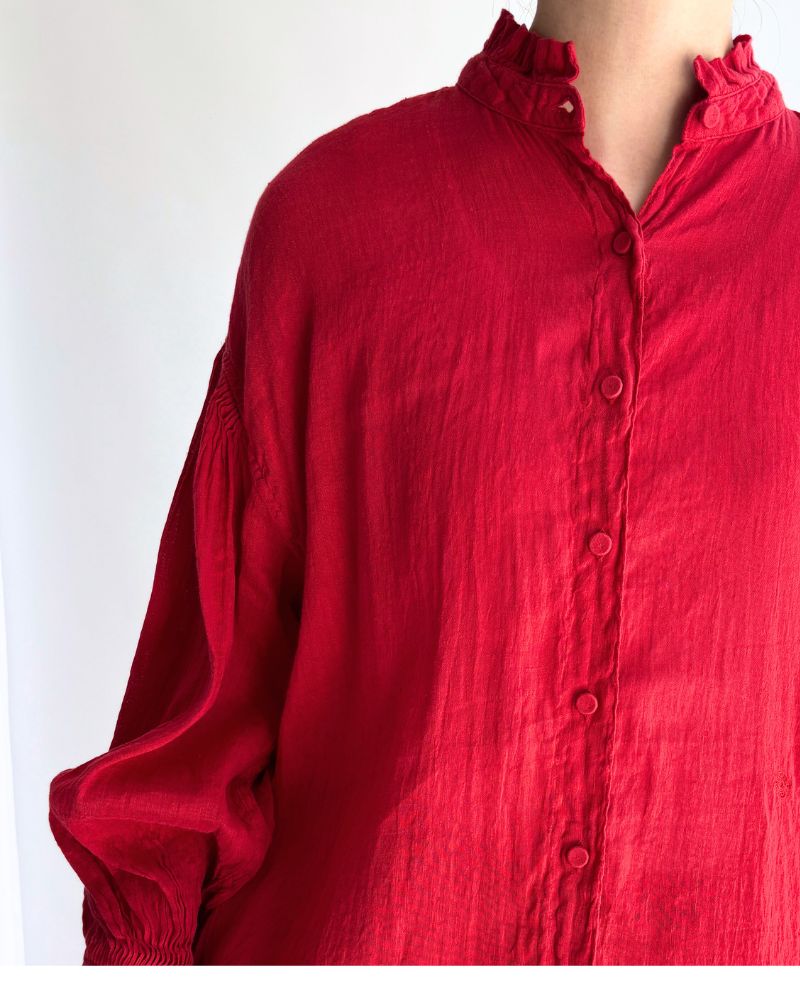 FRILL COLLAR MAXI SHIRT DRESS WITH MINI PINTUCK Red