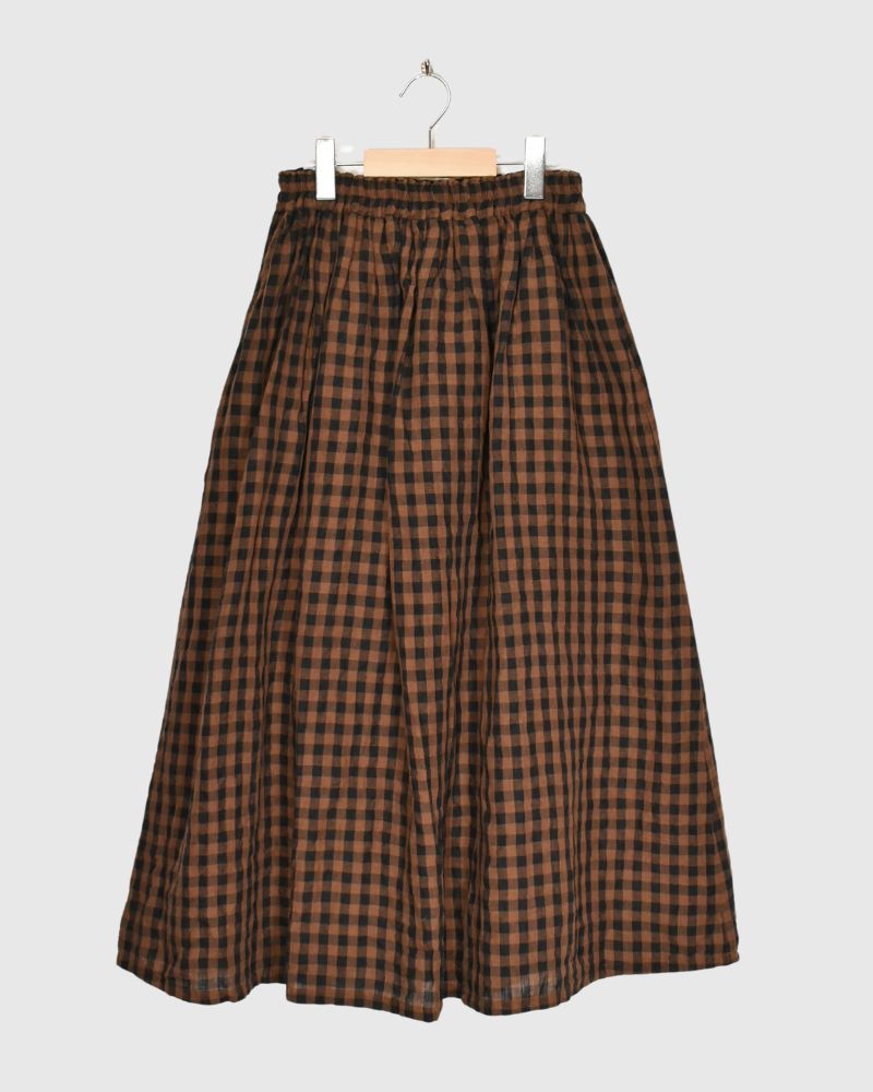 LINEN GINGHAM CHECK SKIRT Brown