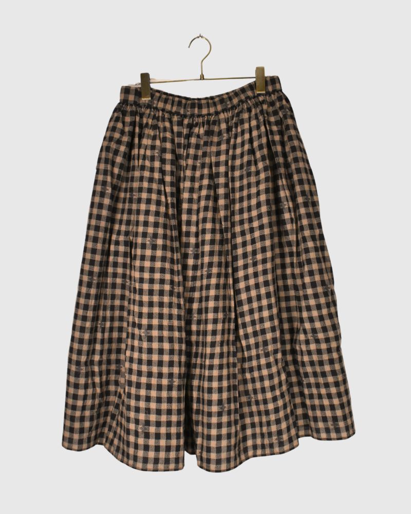 WOOL GINGHAM CHECK WITH JACQUARD RAJASTHAN TUCK GATHERED SKIRT WITH LINING Camel