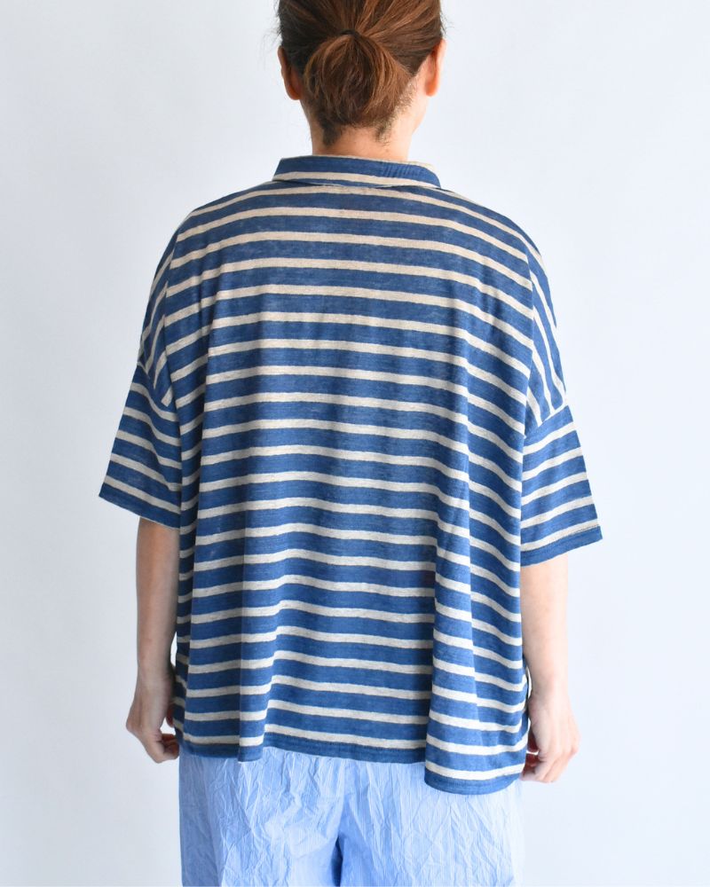 リネン天竺 ボーダーポロシャツ BlueNatural