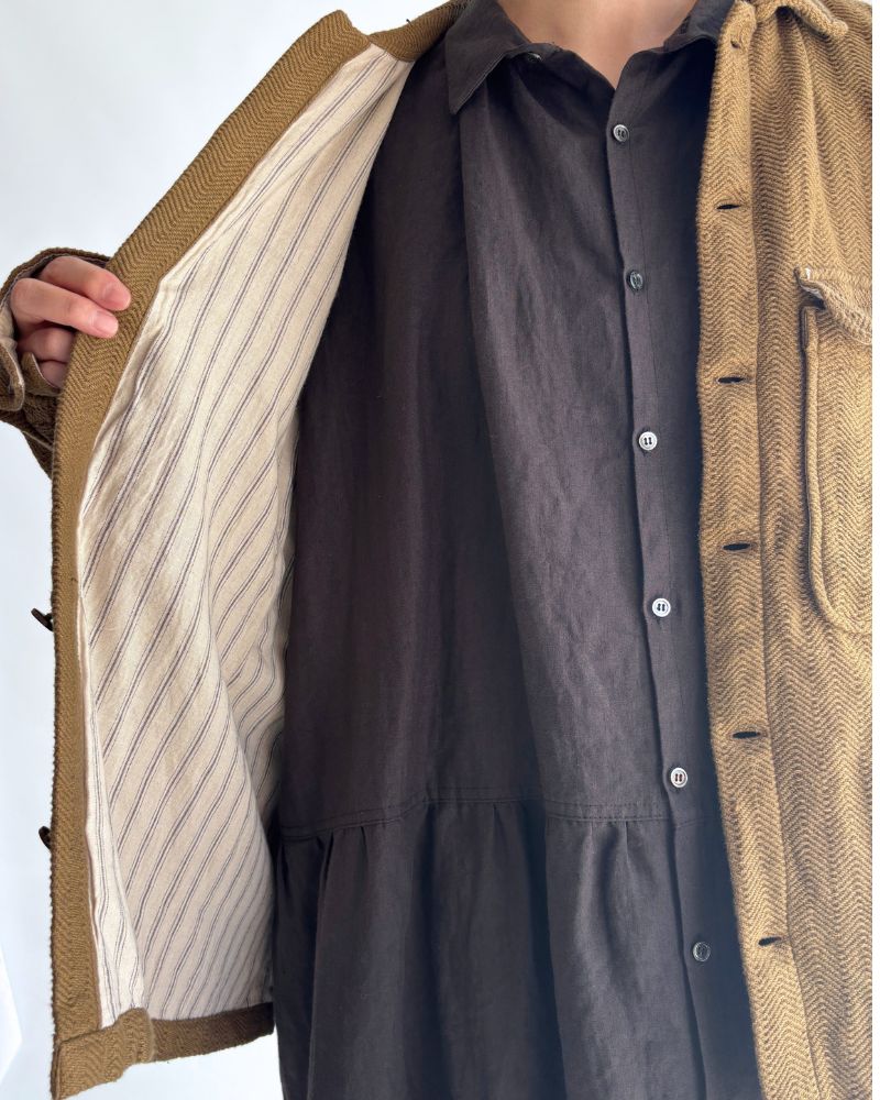 手織りコットンヘリンボーン ジャケット KhakiBrown