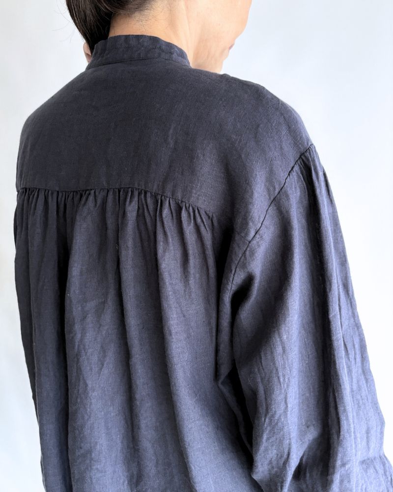 Linen Gather Shirt Navy