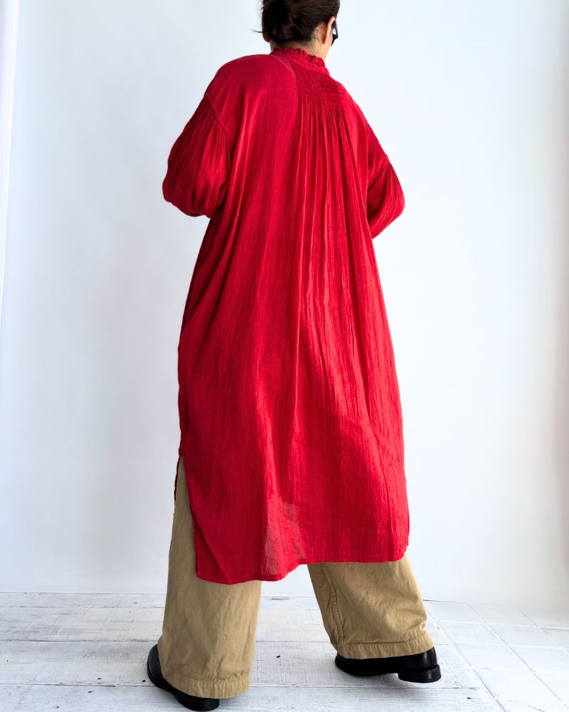 FRILL COLLAR MAXI SHIRT DRESS WITH MINI PINTUCK Red