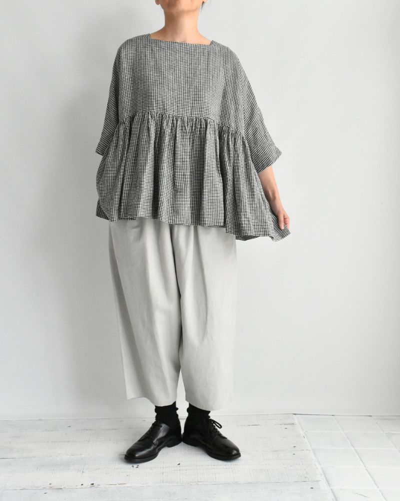 ドルマンギャザーブラウス（LINEN） Black/White