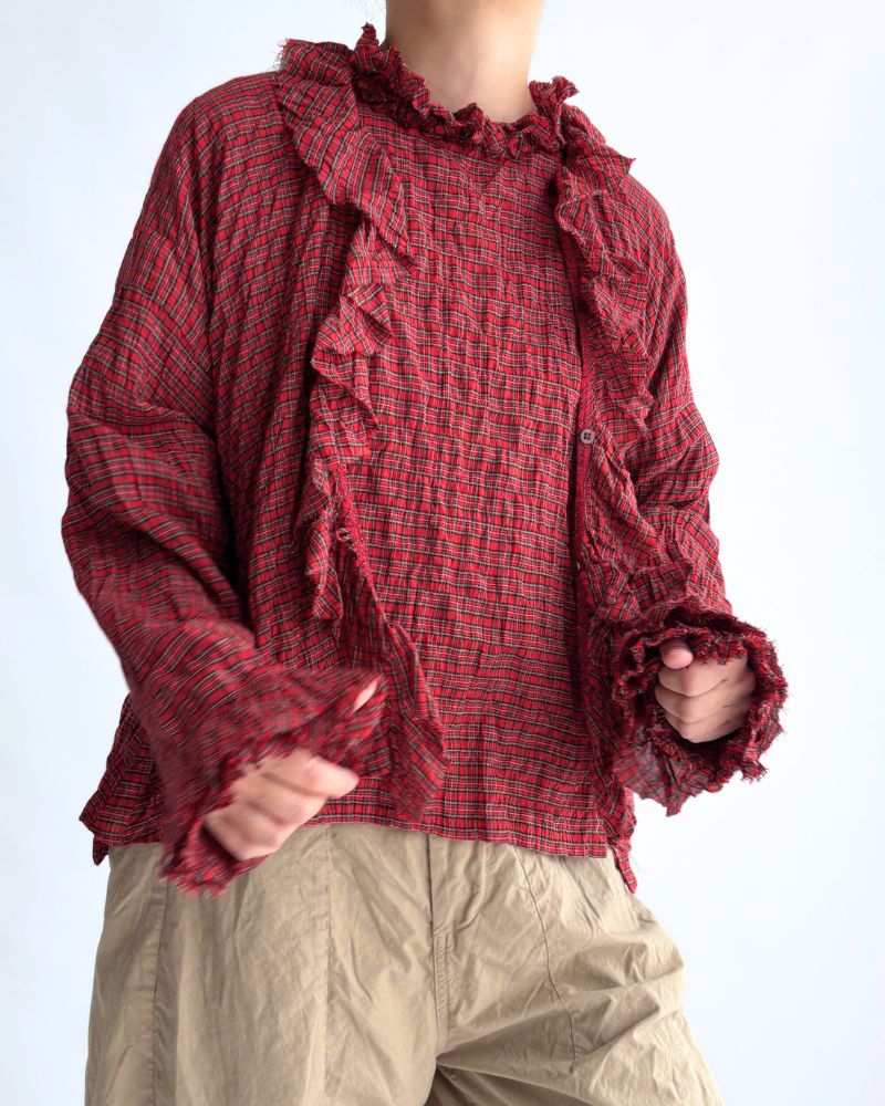 チェックフリルトリムブラウス AkaCheck